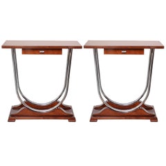 Pair of Machine Age Art Deco Console Tables with Double Chrome U-Support