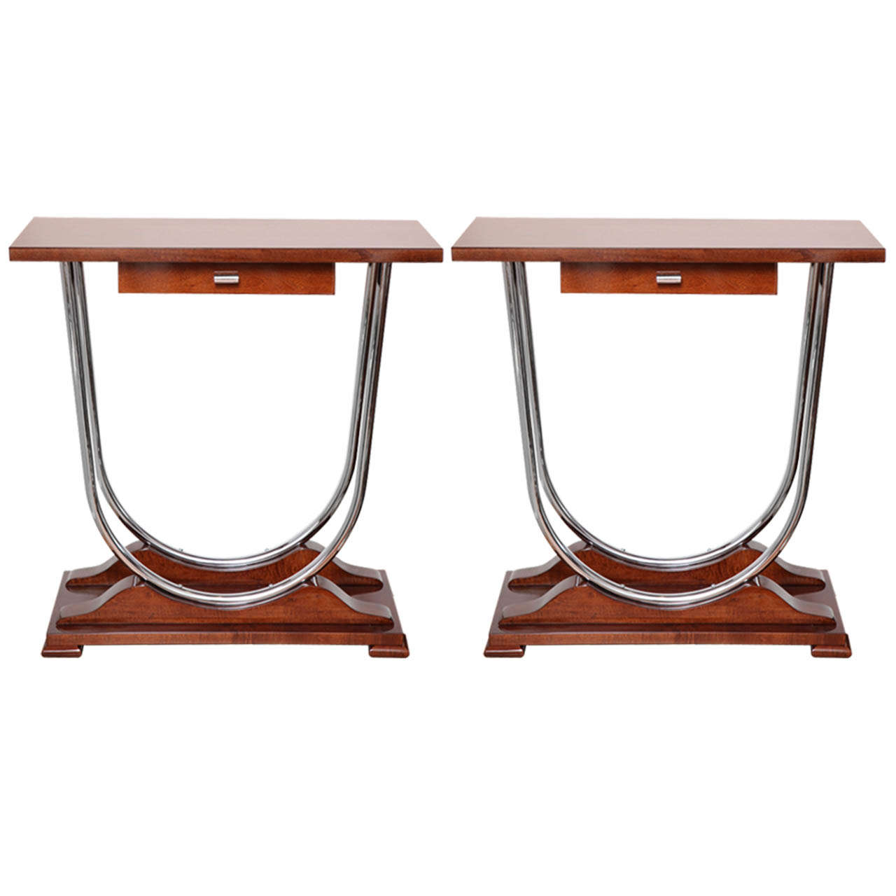 Pair of Machine Age Art Deco Console Tables with Double Chrome U ...