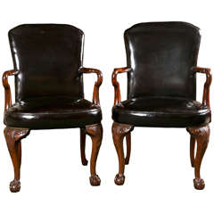 Pair of Walnut and Leather Armchairs