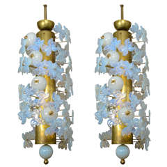 Pair of Chandeliers all in Murano Glass with Butterflies in Opaline