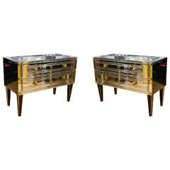 Pair of Commodes all in Mirror, Top, Legs and Sides in Black Mirror