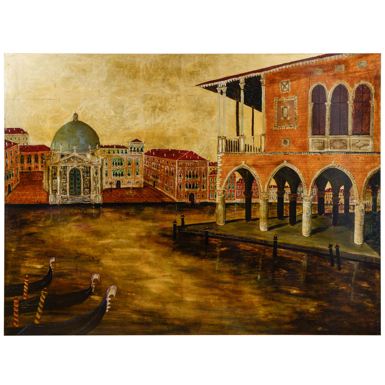 Big Lacquer on Gilded Wood Painting "Venise" by C. Moreau For Sale
