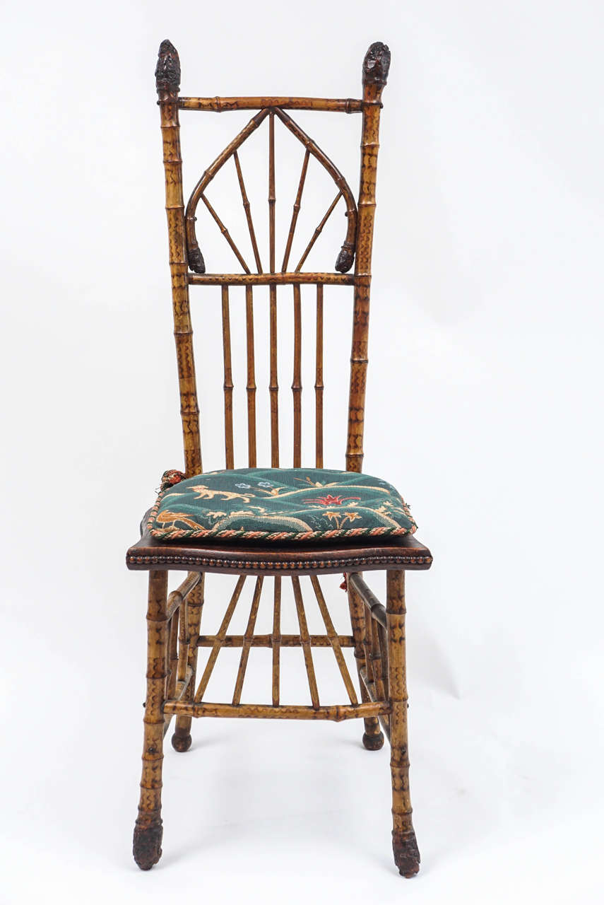 Stunning and sweet Victorian side chair with custom cushion depicting foliage, bird and dog. Sturdy and comfortable!