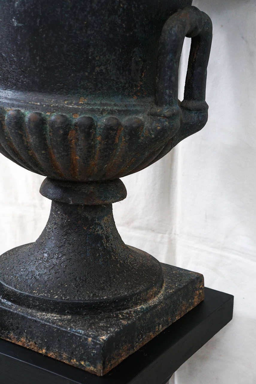 Paar gusseiserne Urnen aus dem 19. Jahrhundert auf marmorierten Sockeln im Zustand „Gut“ im Angebot in Hudson, NY