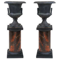 Pair of 19th Century Cast Iron Urns on Marbleized Pedestals 11