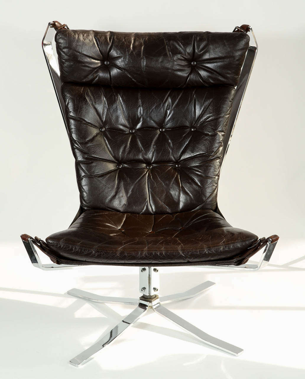 Norway, 1971, dark brown leather, polished chrome with canvas.