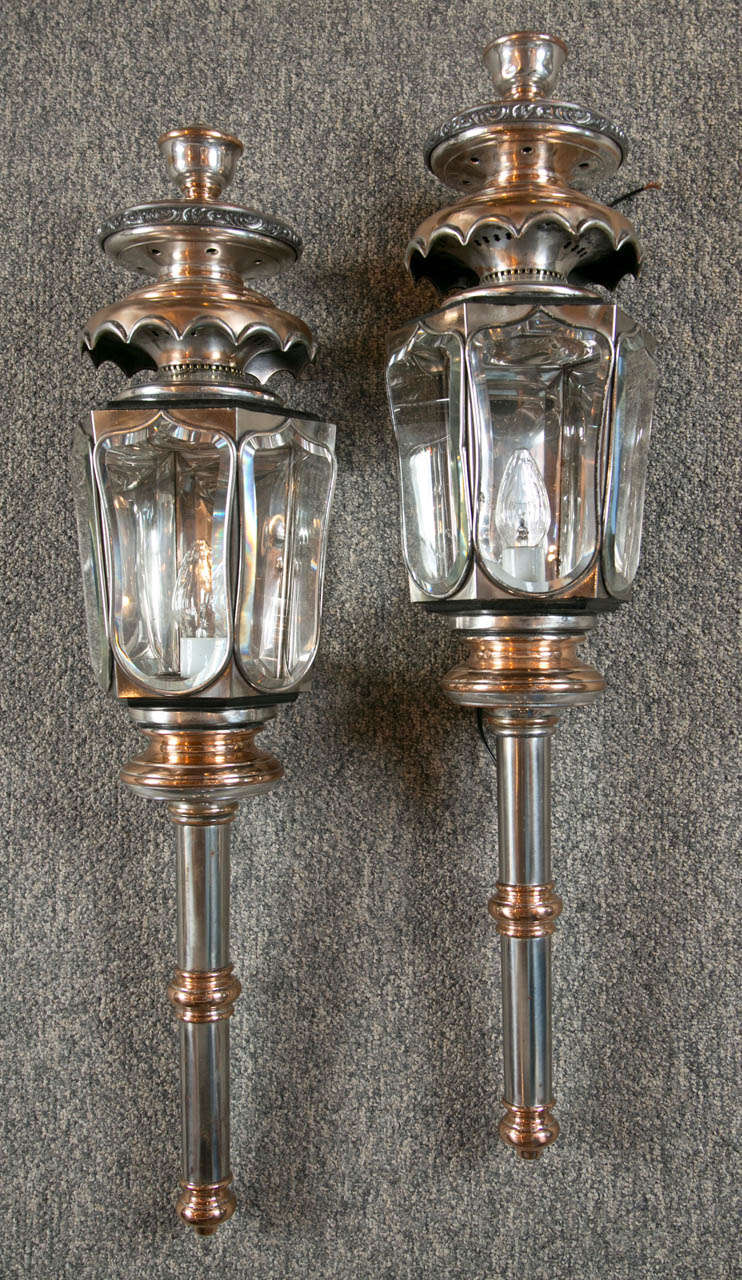 Fabulous pair of English Coach lights newly wired with original beveled glass lenses and back mirrors. Polished and ready to go.