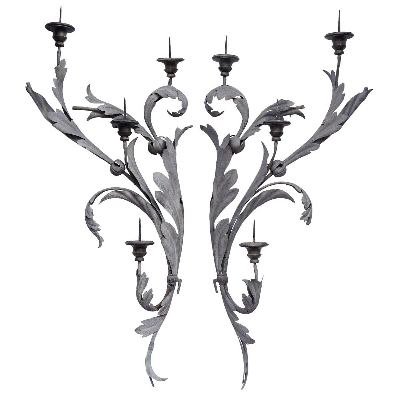Pair Of Large 19th c Wrought Iron & Wood Baroque Pricket Four Light Sconces