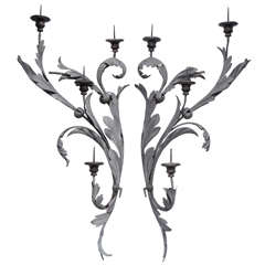 Antique Pair Of Large 19th c Wrought Iron & Wood Baroque Pricket Four Light Sconces