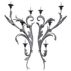 Pair Of Large 19th c Wrought Iron & Wood Baroque Pricket Four Light Sconces