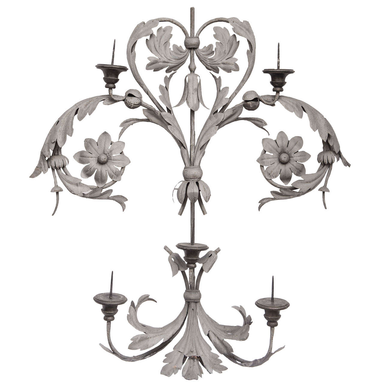 Large Baroque Forged , Wrought Iron & Wood 5 Light Pricket Sconce