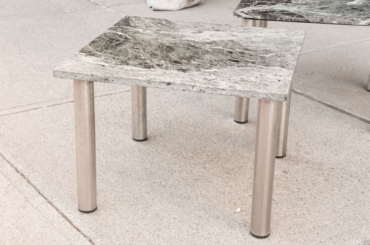 Modern Pair of Vintage 1970s Stainless Steel and Marble Topped Coffee Tables For Sale