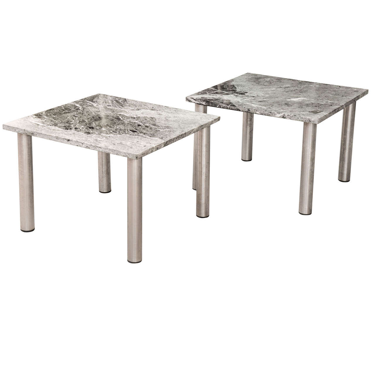 Pair of Vintage 1970s Stainless Steel and Marble Topped Coffee Tables For Sale