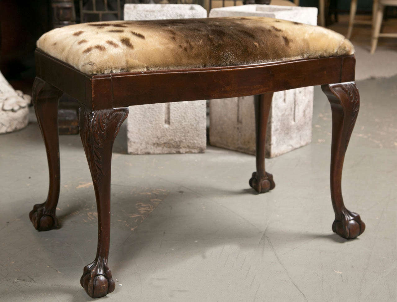 Great English stool with great detail. Seat upholstered with deer skin.