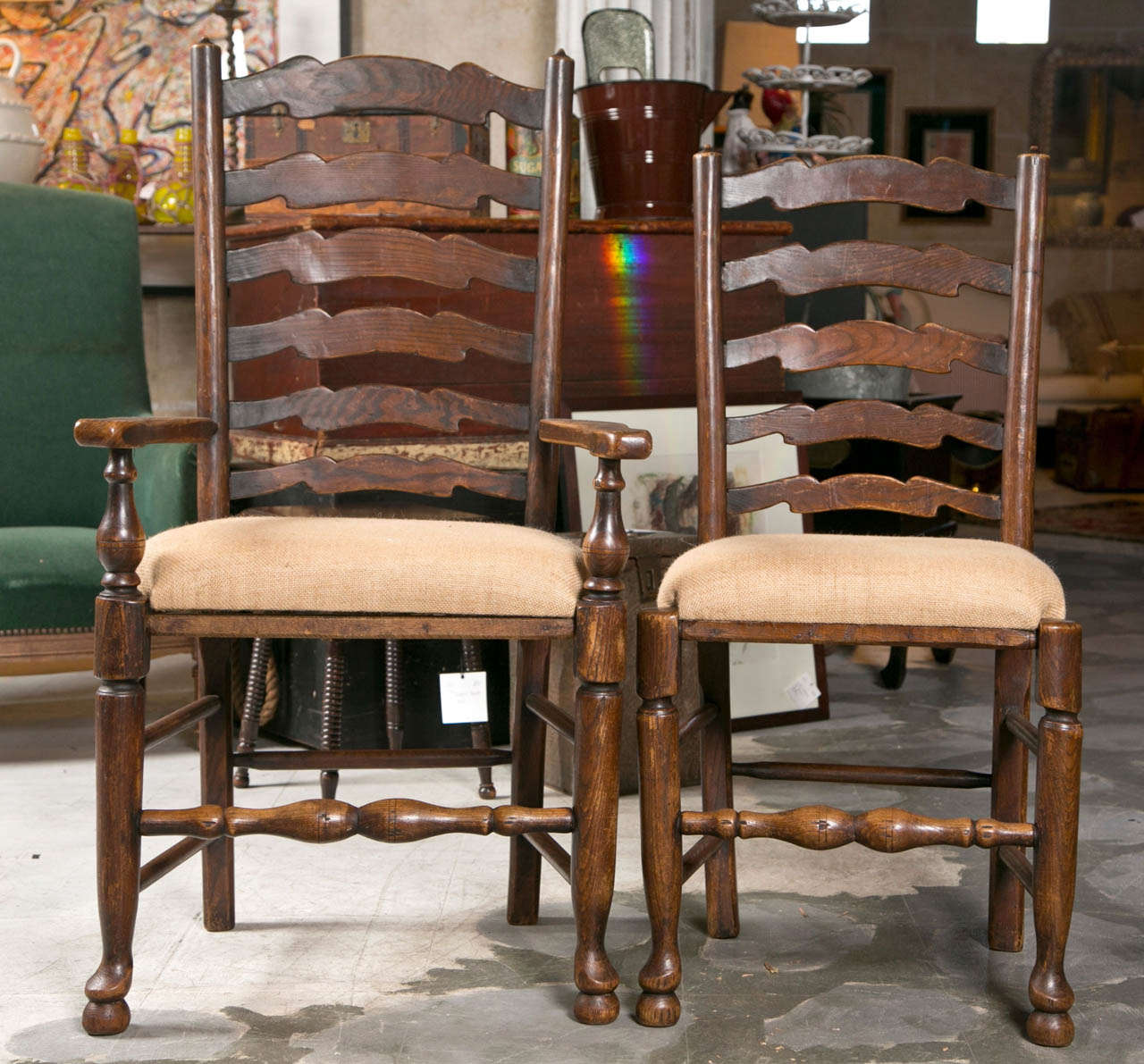 Wonderful set of 6 Lanchestershire ladderback dining chairs.2 arm and 4 side chairs in very good condition. Rush seats have been replaced with padded burlap seats.
The arm chair measures:
height 43.5