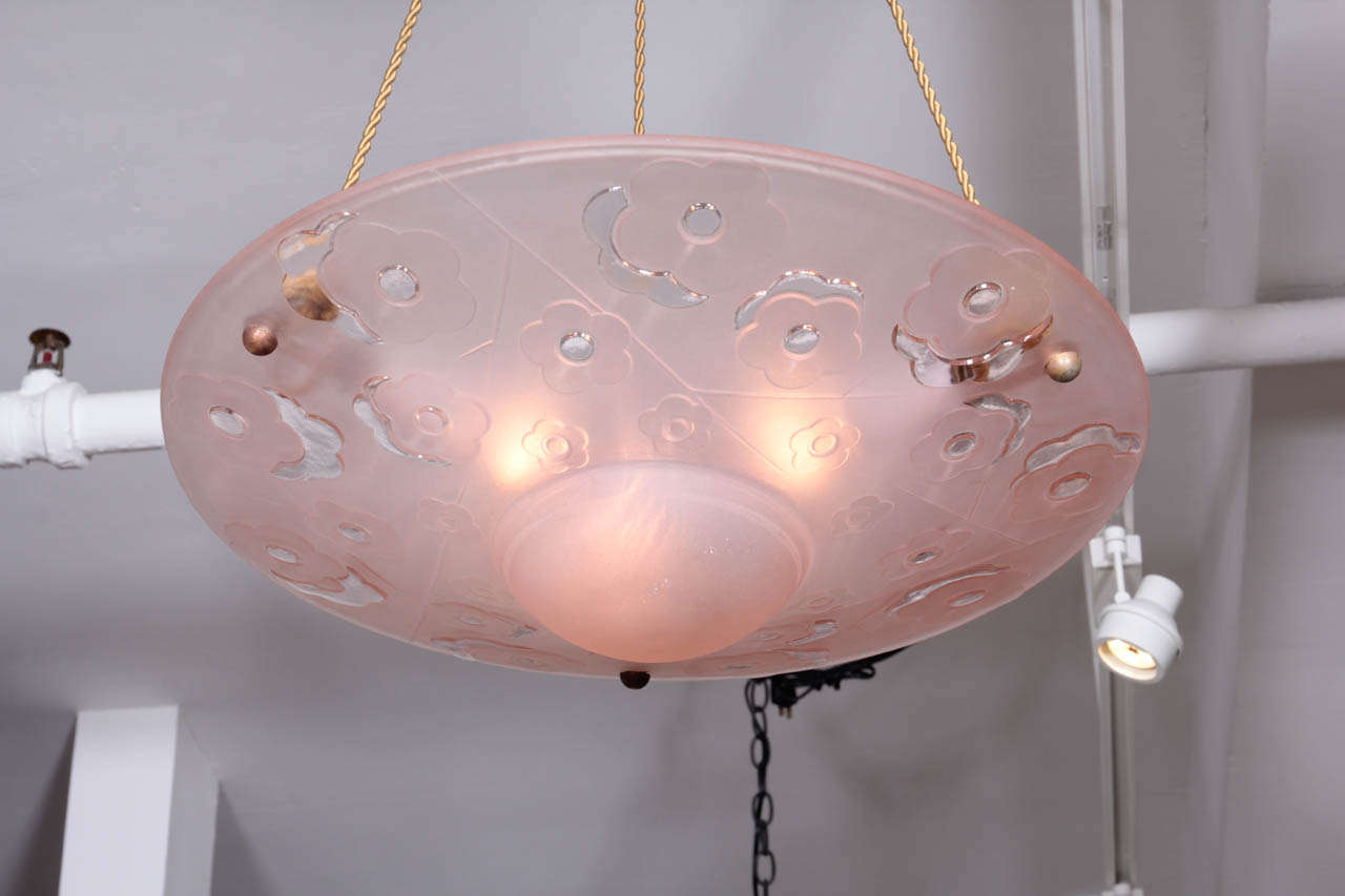 Lalique-style Pink Glass Pendant Light Fixture by Deguez 1