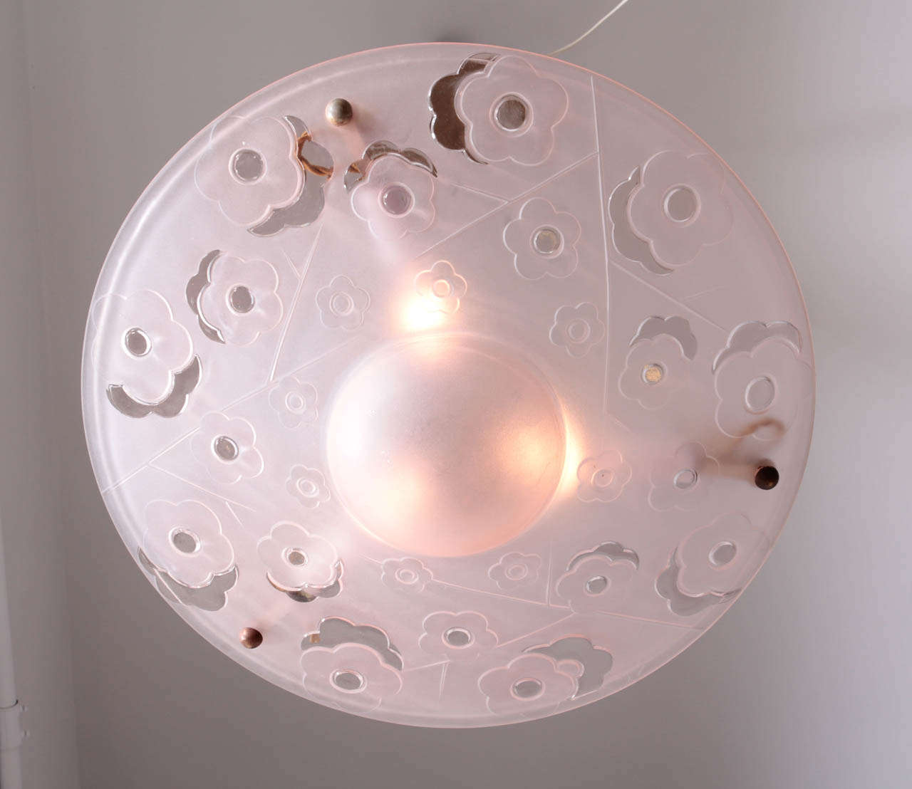 Lalique-style Pink Glass Pendant Light Fixture by Deguez 2