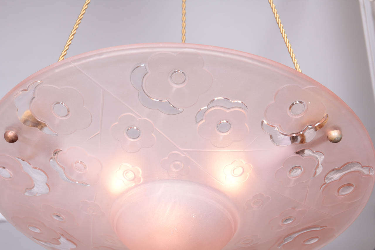 Lalique-style Pink Glass Pendant Light Fixture by Deguez 3
