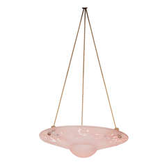 Lalique-style Pink Glass Pendant Light Fixture by Deguez