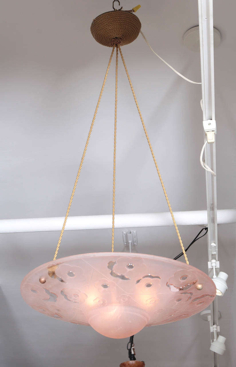 Laliquestyle Pink Glass Pendant Light Fixture by Deguez For Sale at