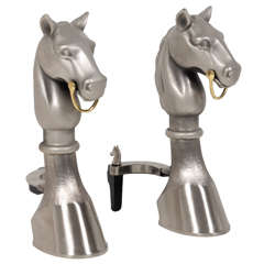 Pair of Satin Nickel Equestrian Andirons 3
