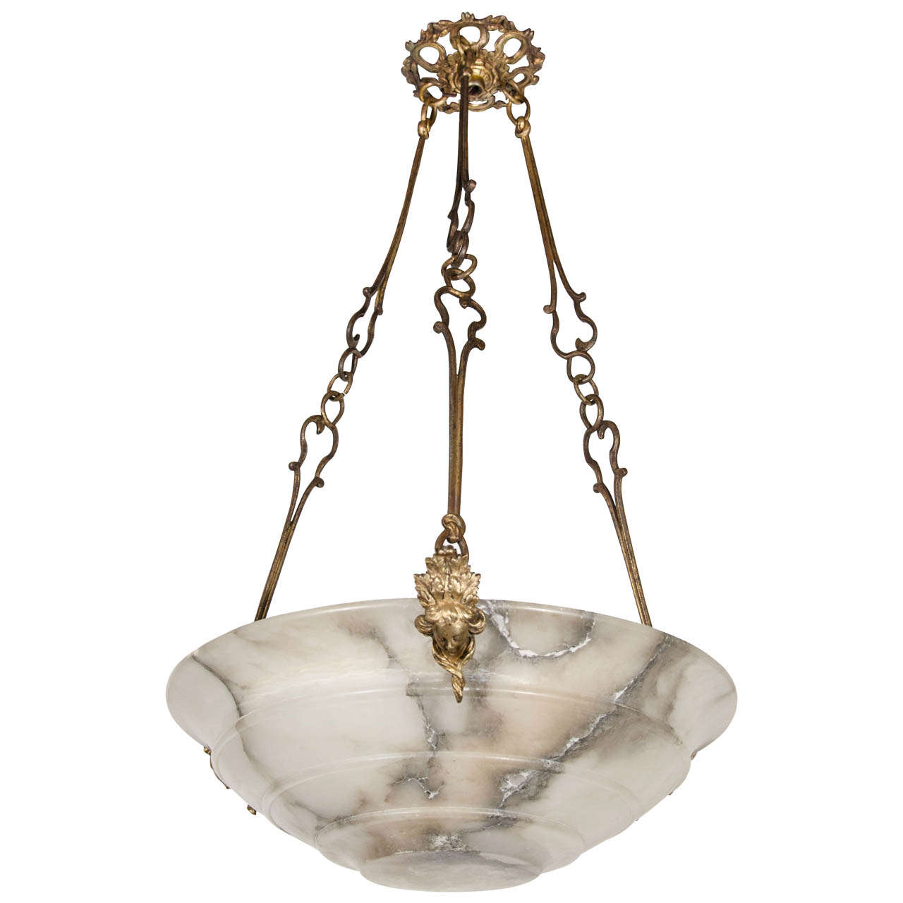 Elegant Art Deco Alabaster Chandelier with Gilded Bronze Fittings