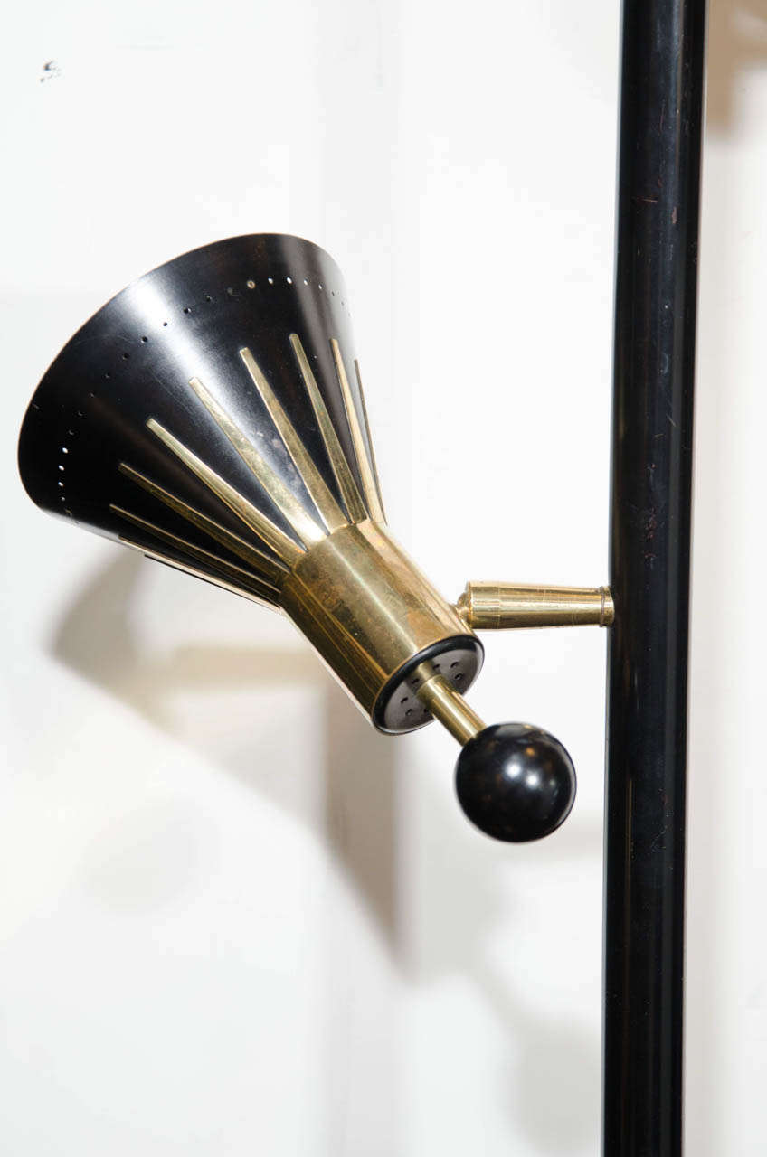 American Mid Century Modern Brass & Black Enamel Floor Lamp w/Tension Pole by Stiffel