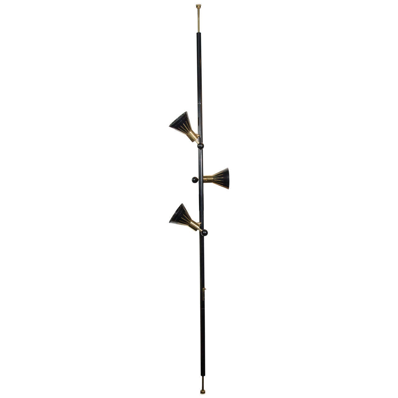 Mid Century Modern Brass & Black Enamel Floor Lamp w/Tension Pole by Stiffel