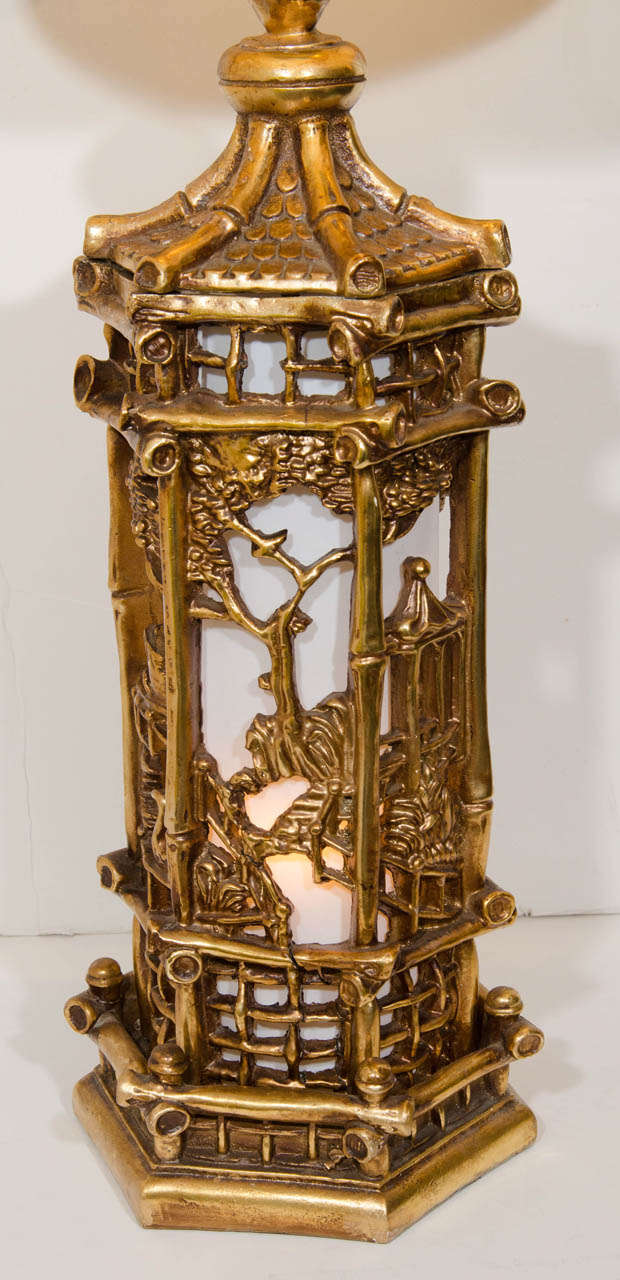 American Pair of Exceptional Gilt Chinoiserie Lamps in the Manner of James Mont