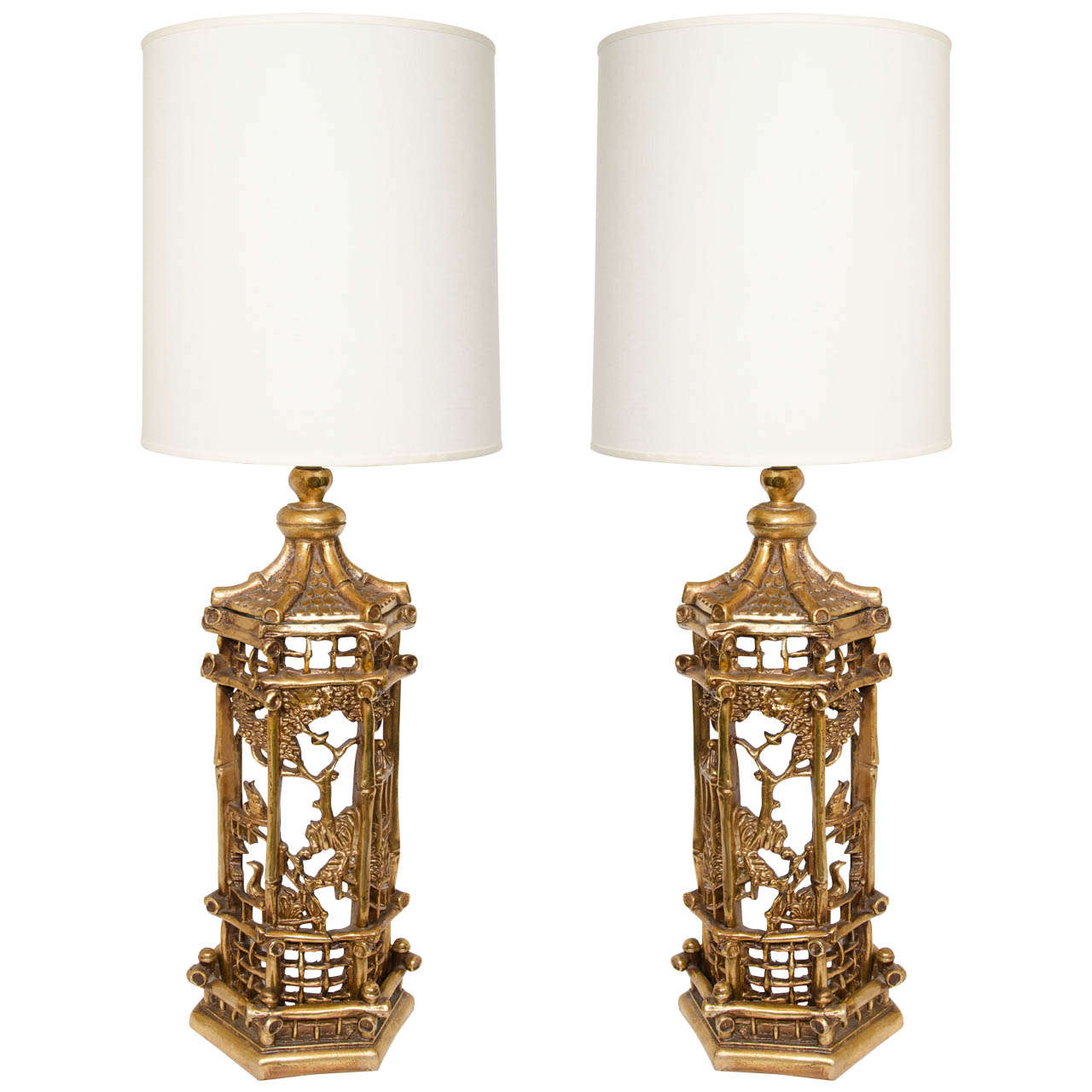 Pair of Exceptional Gilt Chinoiserie Lamps in the Manner of James Mont