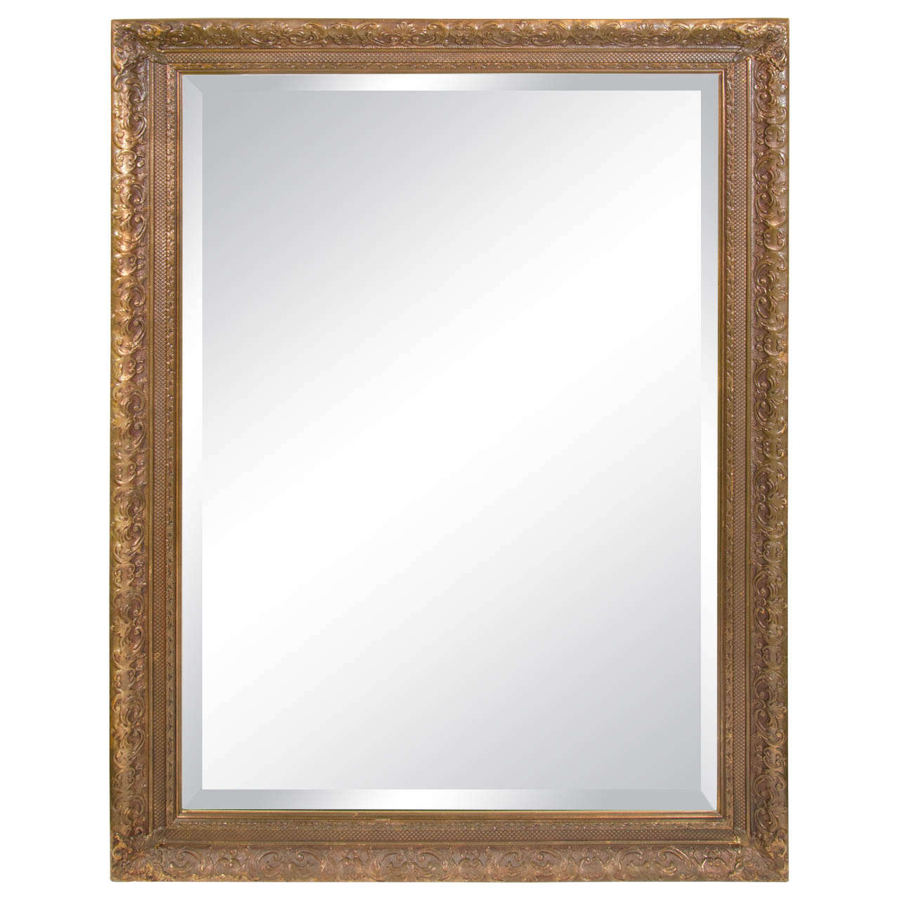 Elegant Large Italian Antiqued Gilt Wood Mirror With Hand