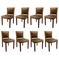Set of Eight Modern Luxe Square Back Dining Chairs in Mohair & Walnut Wood