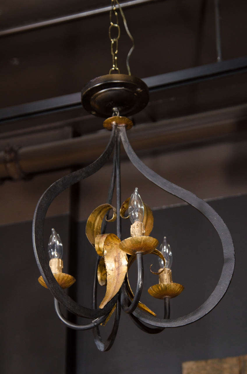 Elegant Fleur de Lis Chandelier with Stylized Latern Form in Wrought Iron 1