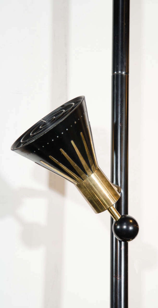 Mid Century Modern Brass and Black Enamel Floor Lamp w/Tension Pole by