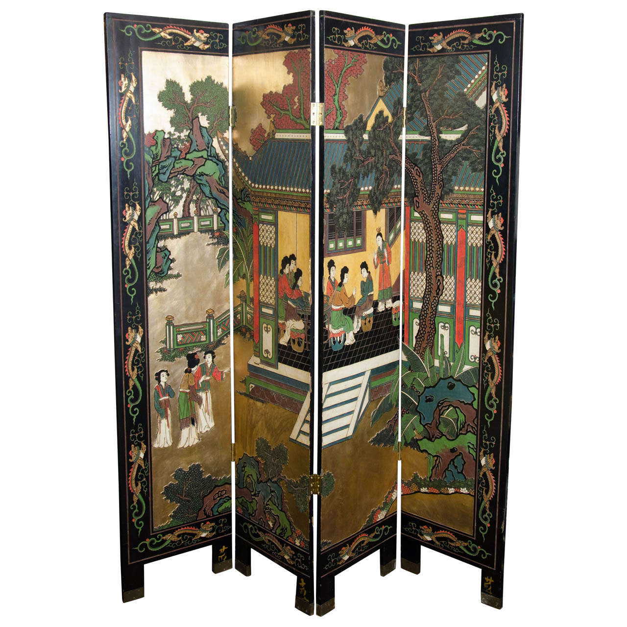 Rare and Exceptional Antique Japanese Screen with Hand Carved Designs