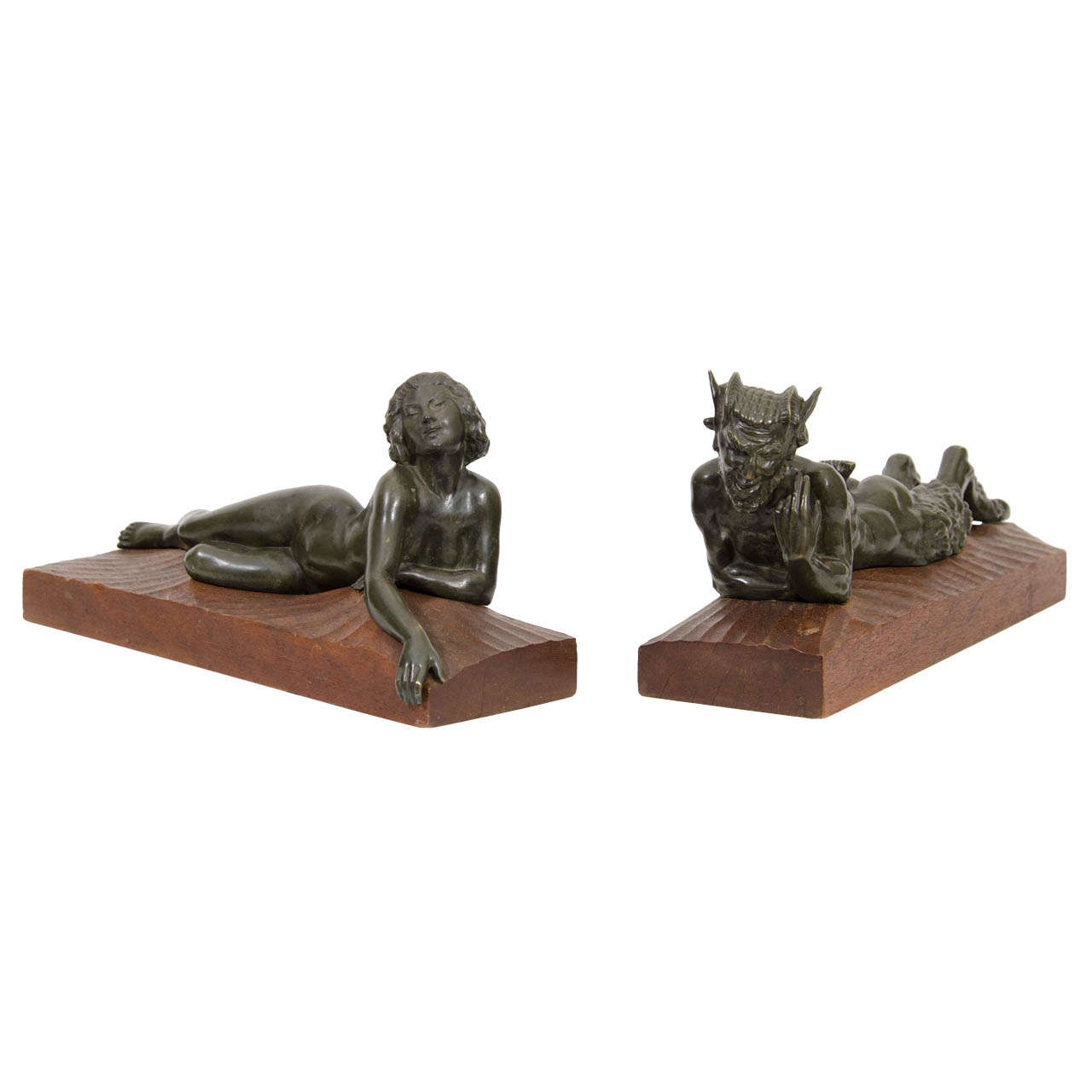 An Art Deco Pair of Bronze Sculptures of "Pan and Lover"