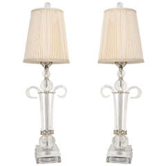 An Art Deco Pair of Glass Table Lamps Mounted on Lucite Bases