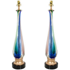 Midcentury Pair of Colorful Murano Barovier & Toso Glass Table Lamps