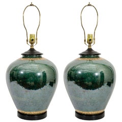 Mid-Century Pair of Malachite Colored Table Lamps