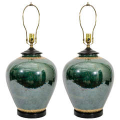 Mid-Century Pair of Malachite Colored Table Lamps