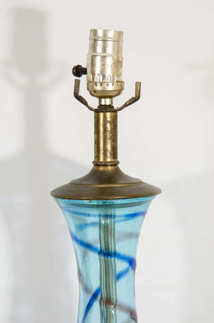 A Midcentury Pair of Blue Barovier and Toso Murano Table Lamps In Good Condition In Astoria, NY