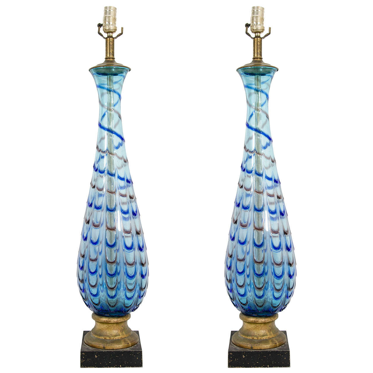A Midcentury Pair of Blue Barovier and Toso Murano Table Lamps