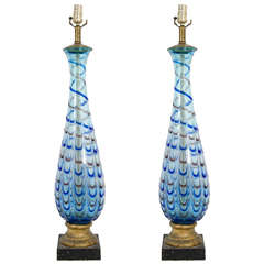 A Midcentury Pair of Blue Barovier and Toso Murano Table Lamps