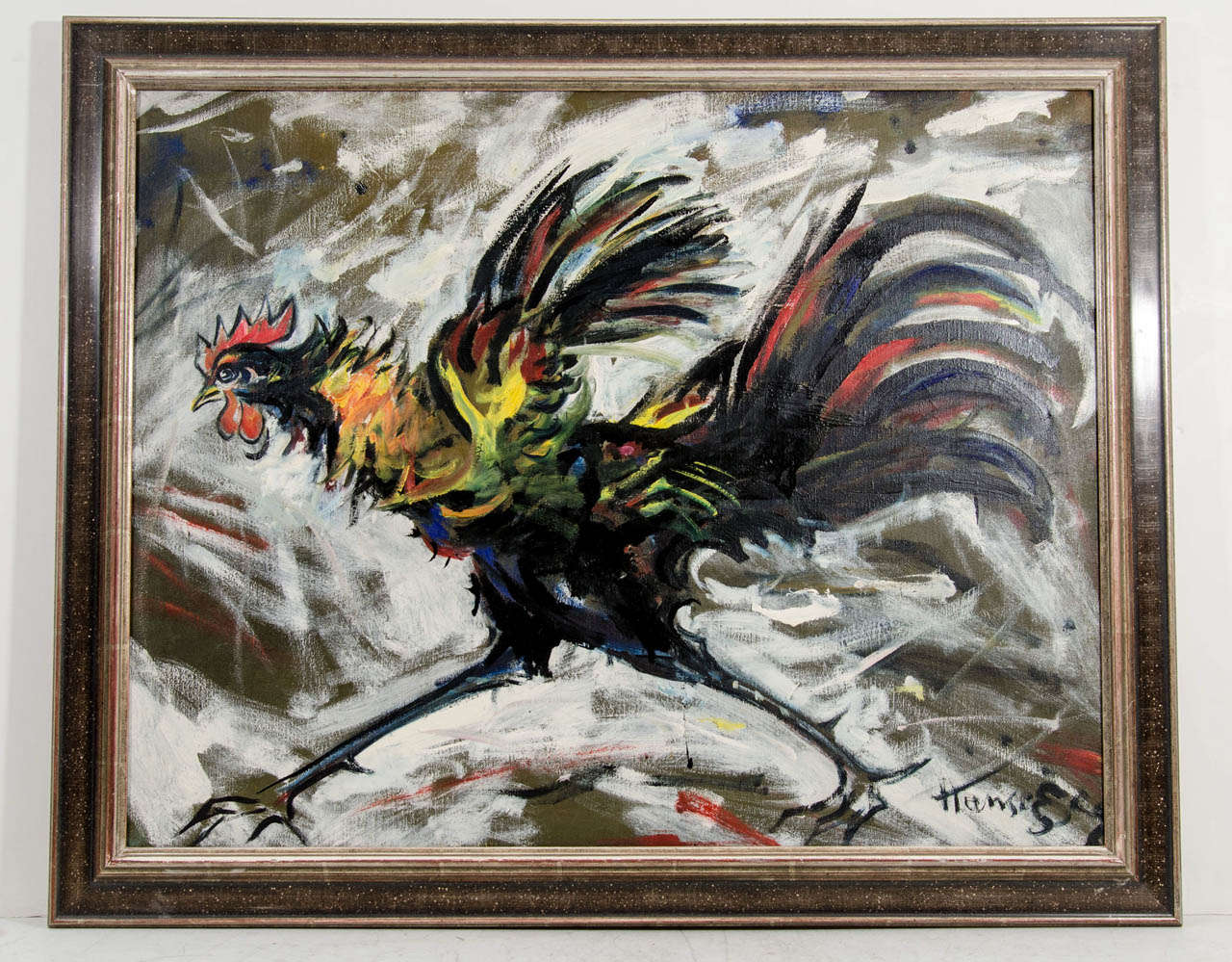 Ein Gemälde eines Hahns in Öl auf Leinwand des schweizerisch-amerikanischen Künstlers John Konstantin Hansegger. Das Stück ist rechts unten signiert. 

John Konstantin Hansegger (1908-1989) war eine einzigartige Figur in der Kunst des 20.
