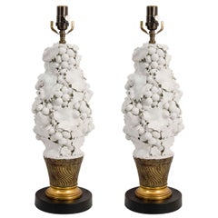 A Mid Century Pair of White Porcelain Fruit Relief Lamps