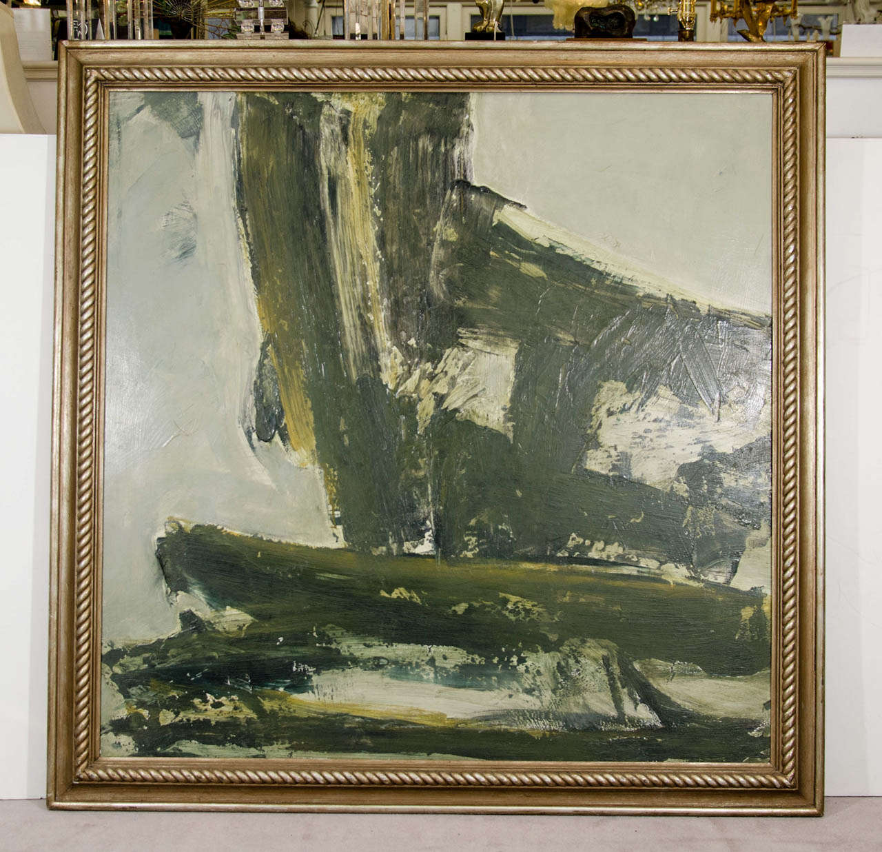 A Mid Century Large Green Abstract Painting in a Gilt Frame