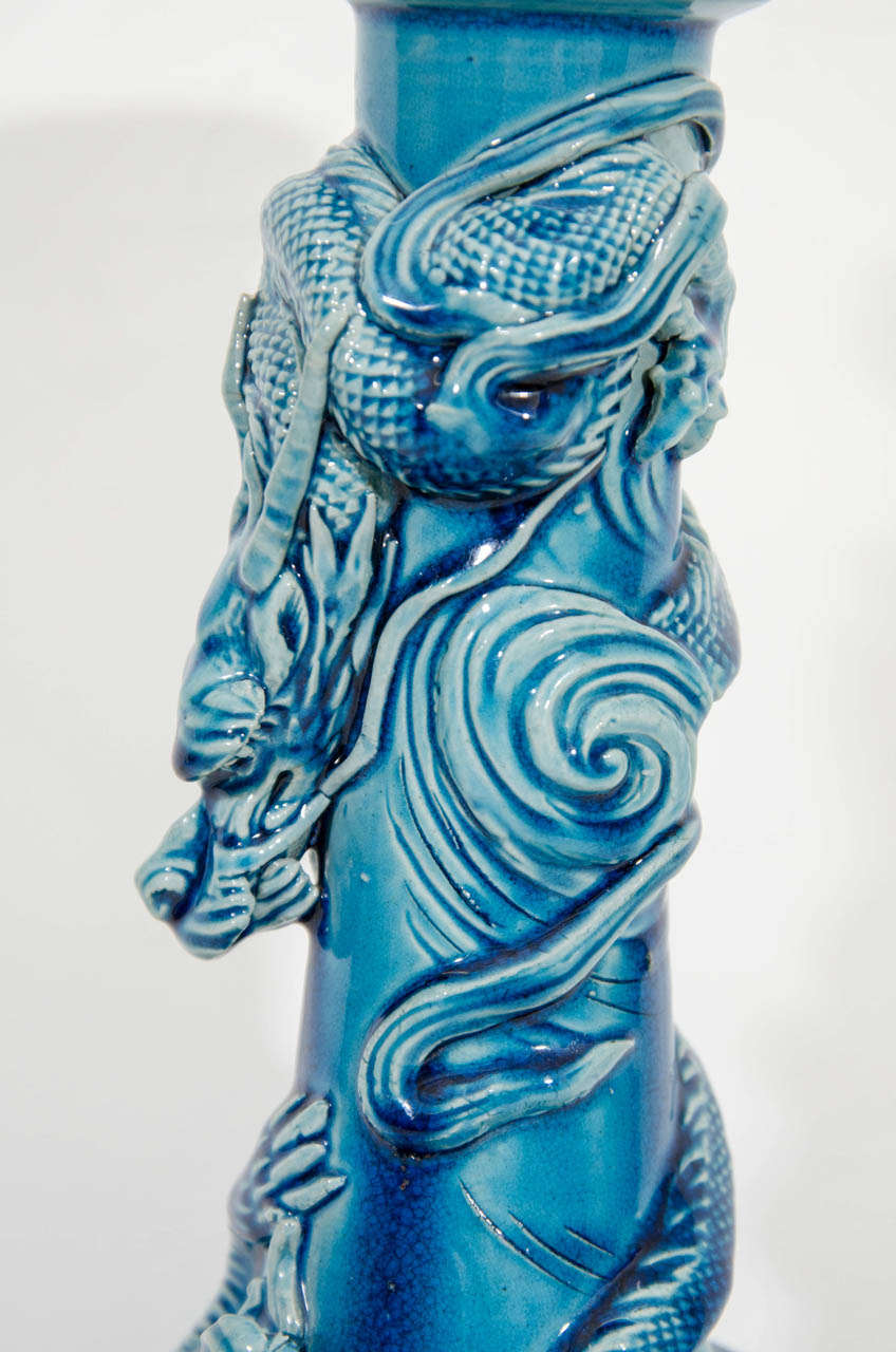 Early 20th Century Japanese Kutani Blue Vase w/Raised Dragon In Good Condition In Astoria, NY