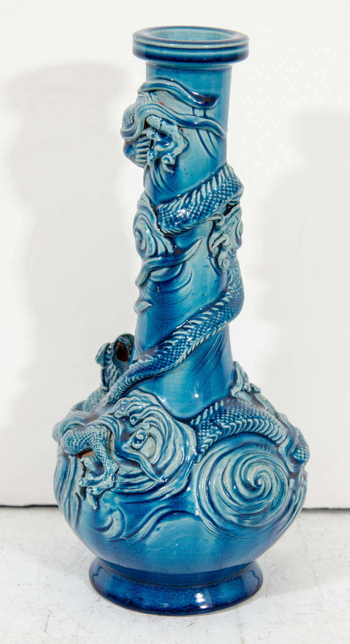 Porcelain Early 20th Century Japanese Kutani Blue Vase w/Raised Dragon For Sale