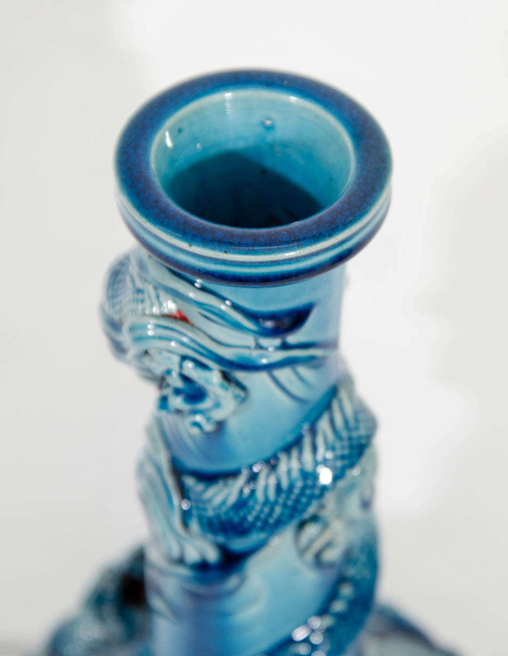 Early 20th Century Japanese Kutani Blue Vase w/Raised Dragon 1