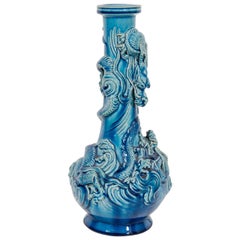 Antique Early 20th Century Japanese Kutani Blue Vase w/Raised Dragon